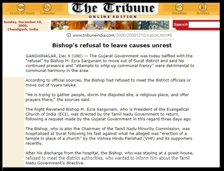 Bishop refused to leave causes unrest, The Tribune, 09-12-2000