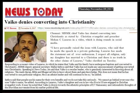 Vaiko converted, Lazaraus claimed, News Today 08-11-2017