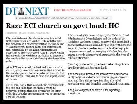 HC ordered to demolish Tiruneermalai ECI church in Jan 2020 DTNext